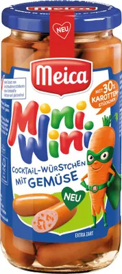 Productafbeelding van Meica Mini Wini cocktailworstjes, enkele porties, wortel, ATG, 260g. Glazen verpakking, 380g