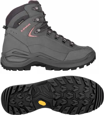 A pair of grey hiking boots shown from the side, and the sole of the boot shown from underneath.