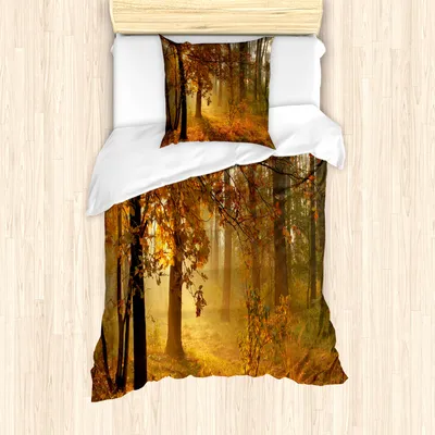 Produktbild von ABAKUHAUS Herbst Bettbezug Set für Einzelbetten, Trübselig Herbstwald Foto, Milbensicher Allergiker geeignet mit Kissenbezug, Orange Mehrfarbig