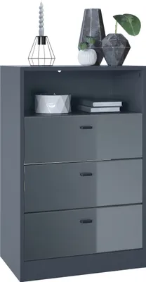 Produktbild von Vladon Kommode Pino V2,  Germany, Anrichte mit 3 Schubladen & 1 offenem Fach, Anthrazit matt/Grau Hochglanz ohne LED (56 x 86,5 x 36 cm)
