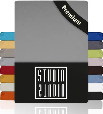 Produktbild von STUDIO Premium Spannbettlaken 90x200cm - 100x220cm, 170g/m² gekämmte Baumwolle mit 3% Elasthan, 100, Bettlaken auch für hohe Matratzen, Boxspringbetten und Wasserbetten bis 35cm - Silber