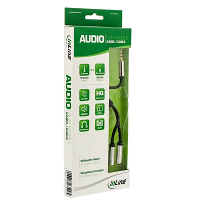 Produktbild von InLine Slim Audio Y-Kabel Klinke 3,5mm ST an 2x Klinke BU, 0,15m, 3.5mm female, Stecker, 2 x 3.5mm, Buchse, 0,15 m, Schwarz