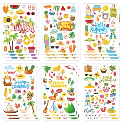 Image de Lot d'autocollants d'été - 516 pièces sur 18 feuilles - Pour scrapbooking et décoration - Couleurs vives