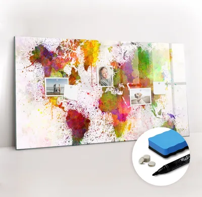 Produktbild von Magnetpinnwand Memoboard - Zubehörsatz - Schwarzer Marker + Schwamm + Magnete - 120 x 60 cm - Aquarell-Weltkarte