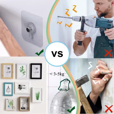 A collage comparing two methods of hanging items on a wall: one using adhesive hooks and the other using nails and a hammer.