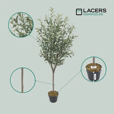 Produktbild von Lacers SMARAGDLINE künstliche Olivenbaum im Topf 150 cm - Dekoration / realistische Optik, Kunstpflanze groß für Wohnzimmer, Balkon und Büroräume