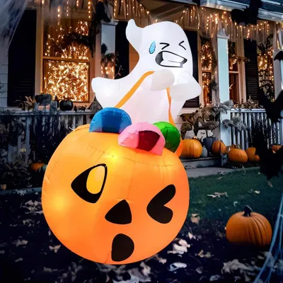 Produktbild von Halloween-Aufblasdekoration - Geist mit Kürbis - 1,5 m - Integrierte LED-Beleuchtung - Für den Außenbereich - Gartendekoration