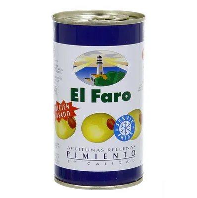Produktbild von El Faro | Grüne Oliven gefüllt mit Paprikapaste | Milder Tapas-Snack | 350 g / 150 g Abtropfgewicht