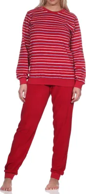 Produktbild von Normann Damen langarm Frottee Schlafanzug Pyjama mit Bündchen in Streifenoptik ; rot , 36