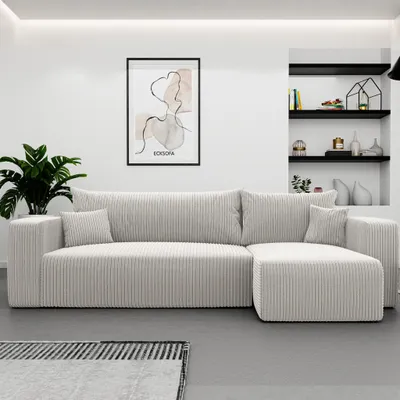 Produktbild von Ecksofa L-Form Castelo Poso 100 Vanille Cord mit Schlaffunktion und Bettkasten