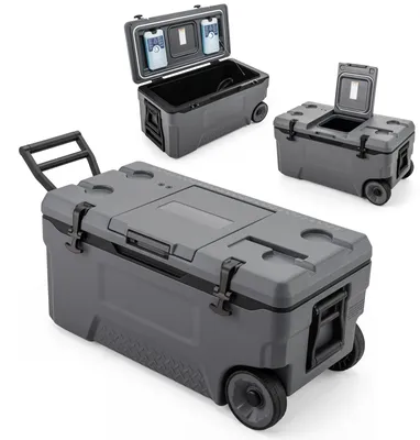 Obrázok produktu pre Chladiaca taška COSTWAY 70 l, veľká plastová chladiaca taška s kolieskami a rukoväťou, prenosná izolačná taška s odtokovou zátkou, držiakom na nápoje a bezpečnostným uzáverom
