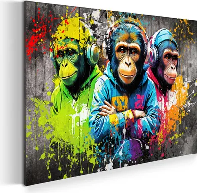 Produktbild von Affen mit Kopfhörern Graffiti Kunst Pop Art Wandbild Leinwandbild XL Wanddeko: 60x40x2cm