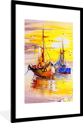 Produktbild von MuchoWow® Gerahmtes Poster Malerei - Boot - Wasser - Ölfarbe 60x90 cm - Poster mit Schwarzem Bilderrahmen Wandposter Rahmen Foto Bilder - Dekoration - Wandposter Wohnzimmer - Hochwertig