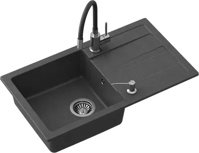 Produktbild von QUADRON Granitspüle READY-MAX GraniteQ Küchenspüle Einbeckenspüle 77x44x17,5 cm, Spülbecken Set mit Armatur Siphon Seifenspender, Schwarz