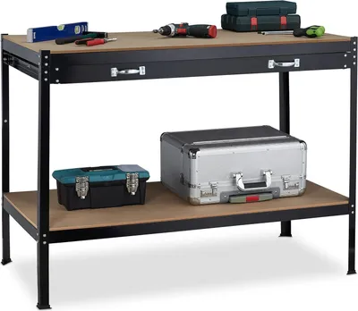 Produktbild von Relaxdays Werkbank mit Schublade, 2 Ebenen, Werkstatt & Garage, Stahl & MDF, Werktisch, HBT 90,5 x 121 x 63,5cm, schwarz