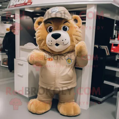 Produktbild von Brauner REDBROKOLY Löwe Maskottchen Kostüm charakter bekleidet mit Cargo-Shorts und Fäustlingen