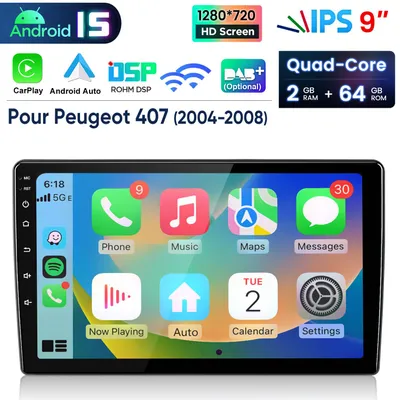 Produktbild von 9"Carplay Android 15 Autoradio Für Peugeot 407 2004-2008 GPS Navi WIFI BT DAB+ SWC USB 2GB+64GB