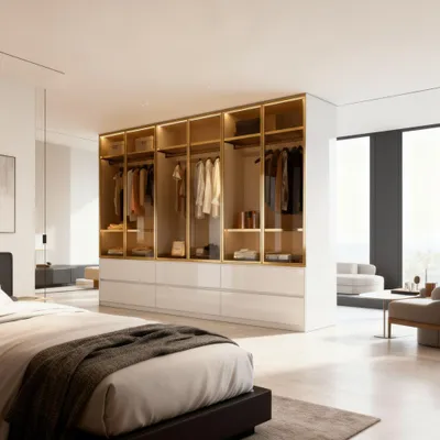A modern bedroom with a large, open closet system and a bed in the foreground.