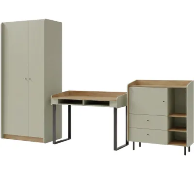Produktbild von Möbelset Jugendzimmer ALEX Eukalyptus – Kleiderschrank, Schreibtisch und Kommode, Modernes 3-teiliges Jugendzimmer-Set, KI-generiertes Bild