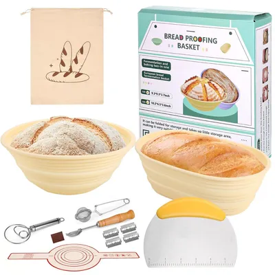 Produktbild von Silikon-Brot-Gärkörbe-Set,Sauerteig-Gärkörbe inkl.Teigschaber,Teigmesser & Gärfolie,faltbar,hygienisch,ideal für Anfänger & Profis (komplettes Set)