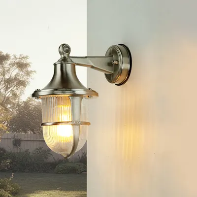Produktbild von Außenwandleuchte SANTORIN aus Messing Riffelglas maritim in Nickel IP64 Außenlampe Hoflampe