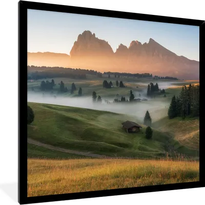 Produktbild von MuchoWow® Gerahmtes Poster Berg - Nebel - Landschaft 40x40 cm - Poster mit Schwarzem Bilderrahmen Wandposter Rahmen Foto Bilder - Mit Rahmen - Wanddekoration Schlafzimmer