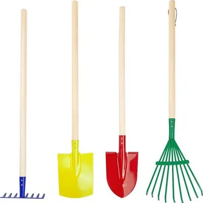 Immagine prodotto di Set di attrezzi da giardino in legno e metallo - zappa, paletta, vanga e zappino - dai 3 anni in su