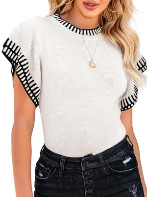 Produktbild von Damen Kurzarmpullover,Sommer,Rüschen,Streifen,lockerer Rundhalsausschnitt,leichtes,weiches Shirt,Strickpullover