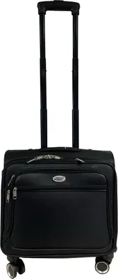 A black rolling suitcase with an extended handle against a white background.