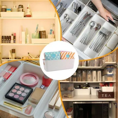 Produktbild von Unyqoos® 6er-Set Kunststoff-Aufbewahrungsboxen – stapelbare Organizer mit Griffen, 28 x 10 x 9,5 cm, weiß für Küche & Bad