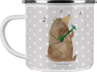 Produktbild von Mr. & Mrs. Panda Kaffeepott Bär Gitarre - Grau Pastell - Geschenk, Haferl, Teddy, Pott, Teetasse, Emaille Becher, Tasse