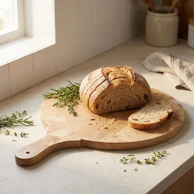 Produktbild von Schneide- und Servierbrett aus Holz, rund mit Griff, unbehandelt, L.43 cm