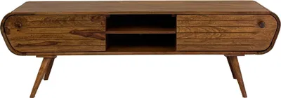 Lowboard Sheesham Massivholz 160cm mit 2 Schubladen, abgerundeten Ecken und offenem Mittelbereich.