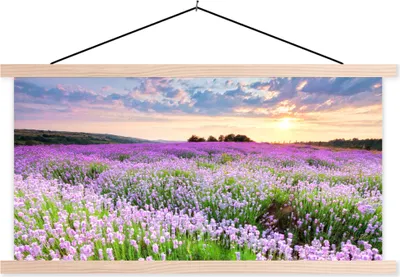 Produktbild von MuchoWow® Textilposter Blumen - Lavendel - Lila - Himmel - Sonnenuntergang - Wiese - Natur 60x30 cm mit holzfarbenen Rahmen - Dekoration