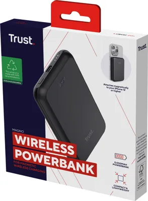 Produktbild von Trust Mobile Magno Magnetische Kabellose Powerbank 5.000 mAh Schnelles Aufladen, 50% Recycelten Materialien, MagSafe Ladegerät, USB-C Ladekabel, Qi Leichtes Mini Powerbank iPhone 12 – Schwarz