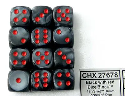Produktbild von Chessex  16mm D6-Würfel-Set (12) Velvet / Schwarz/Rot