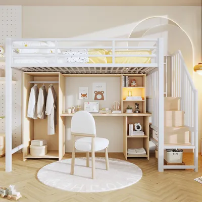 Image de Lit mezzanine, 90 x 200 cm, structure en fer, avec rangements, armoire, bureau, escalier avec rangements, sans matelas, blanc