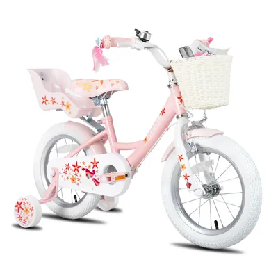 Produktbild von STITCH Joystar 14 Zoll Kinderfahrräder Mädchen mit Puppensitz, Stützräder, Korb, Schutzbleche, V-Brake-Bremsen, Rosa