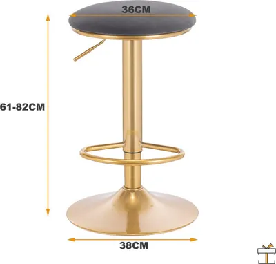 Image de Happyment Tabouret de Bar de Luxe - Velours - Tabouret de Bar sans dossier - Gris/Doré - Réglable en hauteur - 38×61-82cm