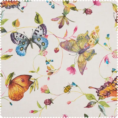 Produktbild von Dekostoff Leinenoptik "Schmetterlinge und Blumen", 140 cm breit, Meterware