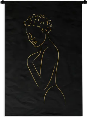 Produktbild von MuchoWow® Wandteppich Wandbehang Frau - Schwarz - Gold - Strichzeichnung 60x90 cm Tapisserie Dekoration Wandtuch - Foto-Teppich - Abwaschbar