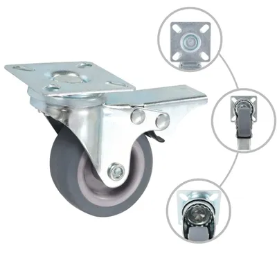 A close-up view of a caster wheel with a brake mechanism, shown with inset diagrams highlighting its mounting plate and swivel action.