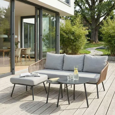 Produktbild von Gartenlounge MYKONOS, braun/grau - Balkon Lounge Sofa mit Dreisitzer, Hocker & Beistelltisch, wasserabweisende Kissen, wetterfest für Balkon und Terrasse
