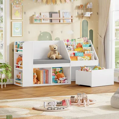 Produktbild von Kinderregal mit Sitzbank 125 cm Weiß MDF