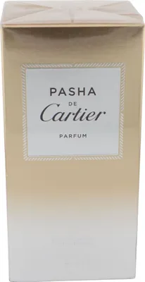 Elegante, rechteckige Box in Gold-Verlauf mit weißem Label „Pasha de Cartier Parfum“, limitierte Sonderedition.