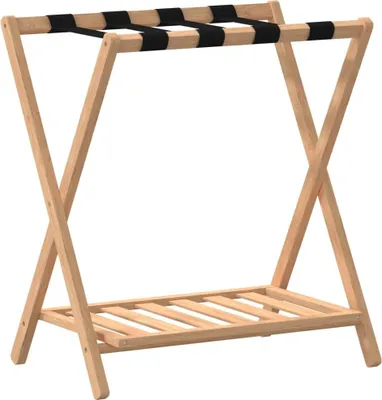 A wooden luggage rack with black straps, shown against a white background.