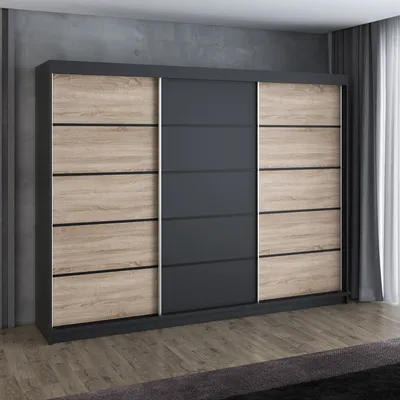 Produktbild von Schwebetürenschrank MES, 3-türig Schrank 200 cm (Weiß, Schwarz, Sonoma)