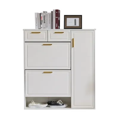 Image de Armoire à chaussures moderne, avec étagères réglables, poignées dorées, tiroirs, armoire à chaussures pliante et portes, blanc, L95/D24/H107.5