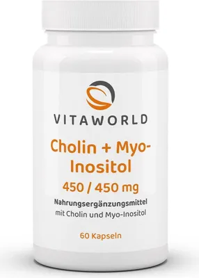 Produktbild von Vitaworld Cholin + Inositol 450/450 mg | 60 Kapseln | optimales 1:1 Verhältnis | hohe Bioverfügbarkeit | vegan