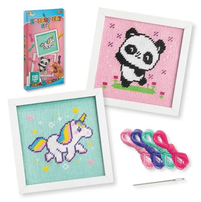 Produktbild von Joya Creative Stickset für Anfänger 2-in-1 – Sticken lernen mit Einhorn und Panda inklusive Stickrahmen